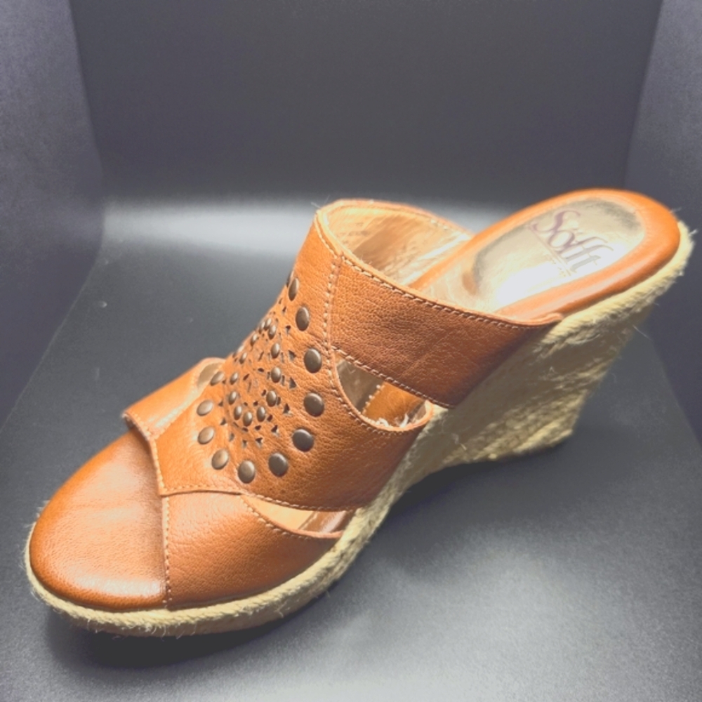 Söfft Leather Studded Cutout Espadrille Wedge Mule Sandals 6.5M Cognac - Picture 4 of 11